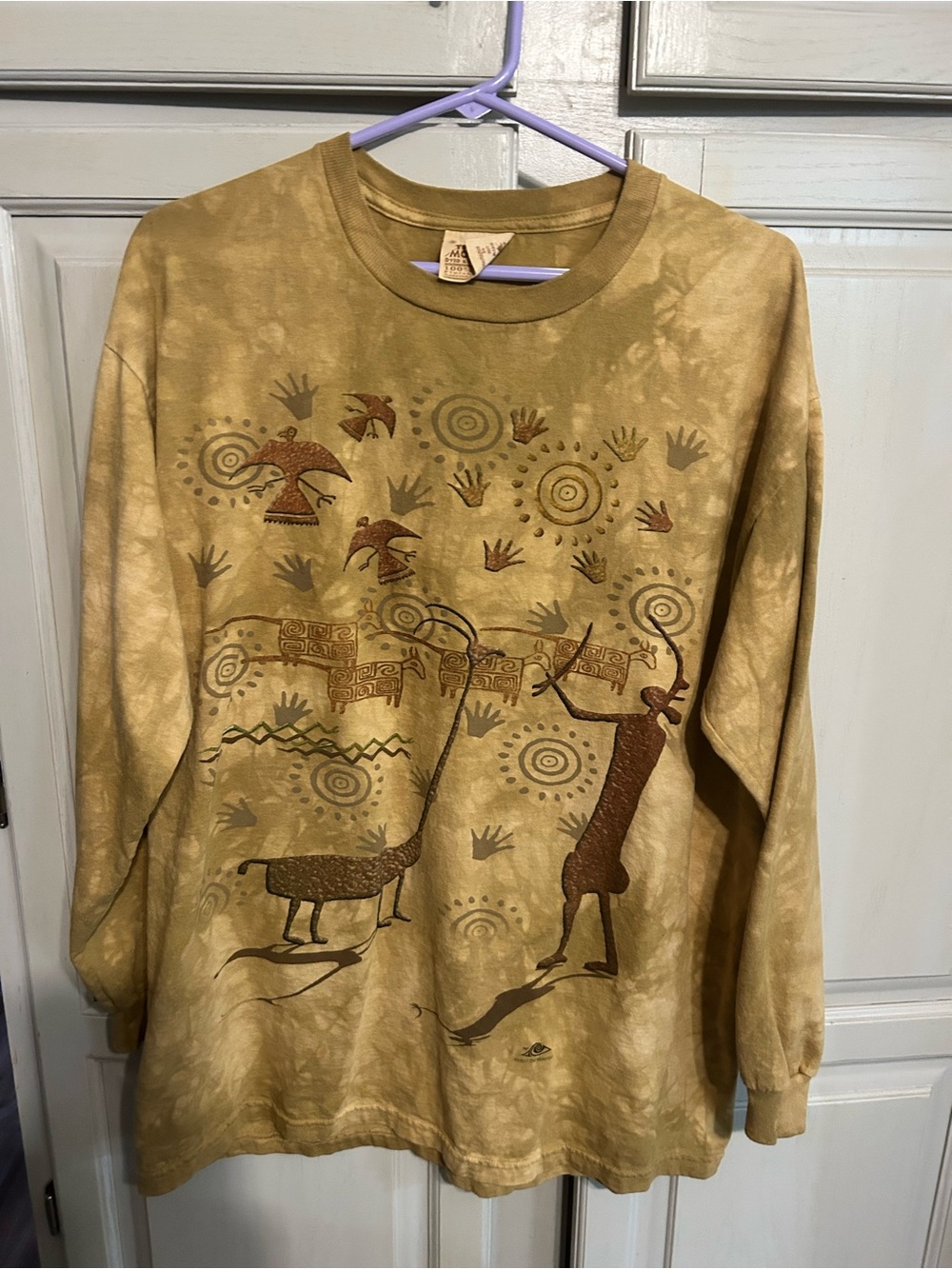 VTG The Mountain L Long Sleeve Shirt Tribal Cave Art Petroglyphs Tie Dye 1997